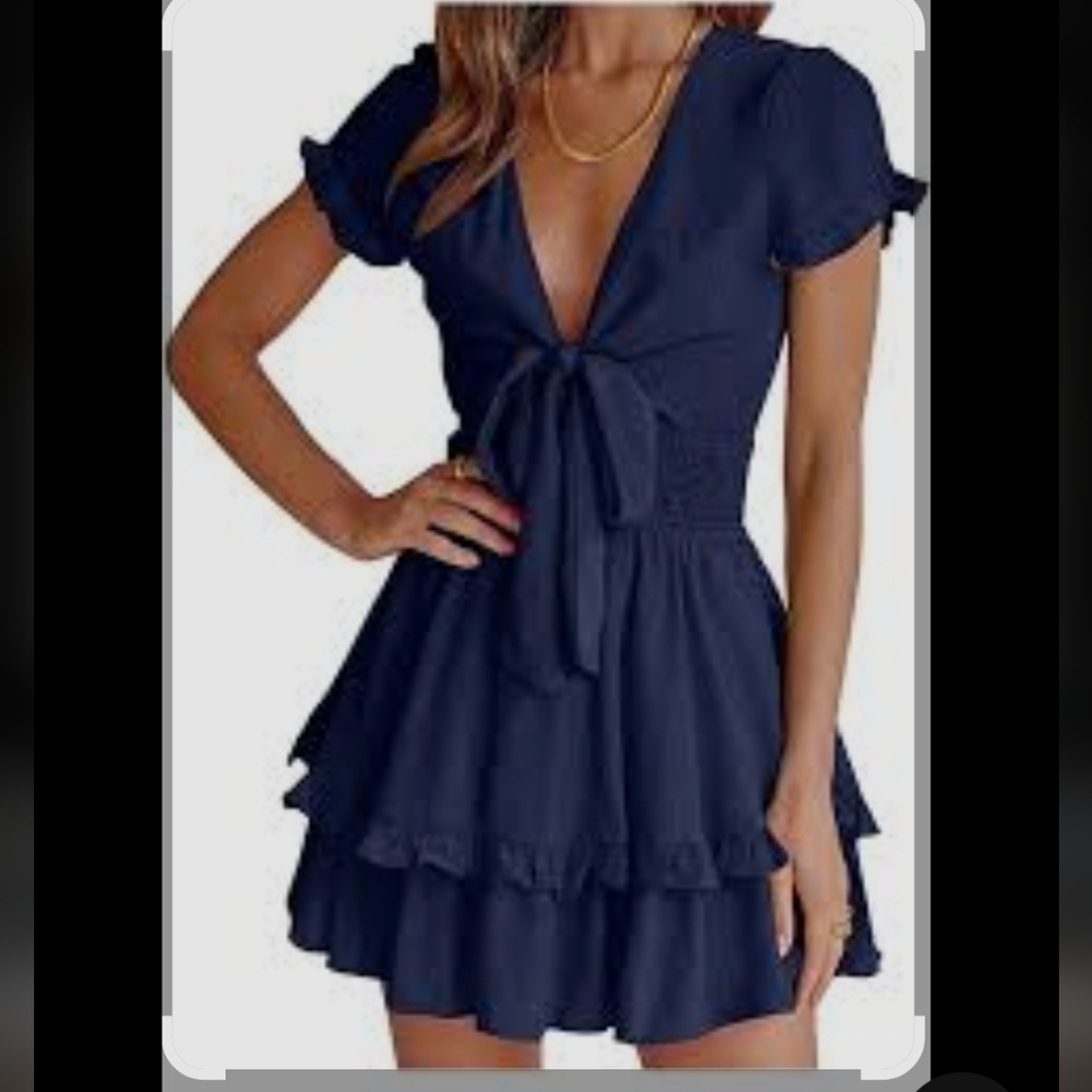 P Prettygarden Elegant Navy Blue Ruffle Dress